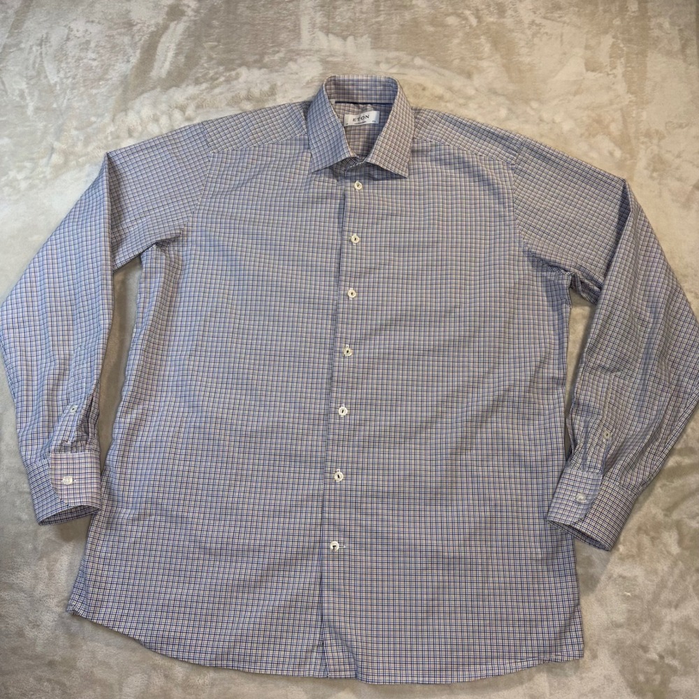 Eton Contemporary Fit‎ Dress Shirt Mens 17.5 44 Blue Tan Micro Check Poplin